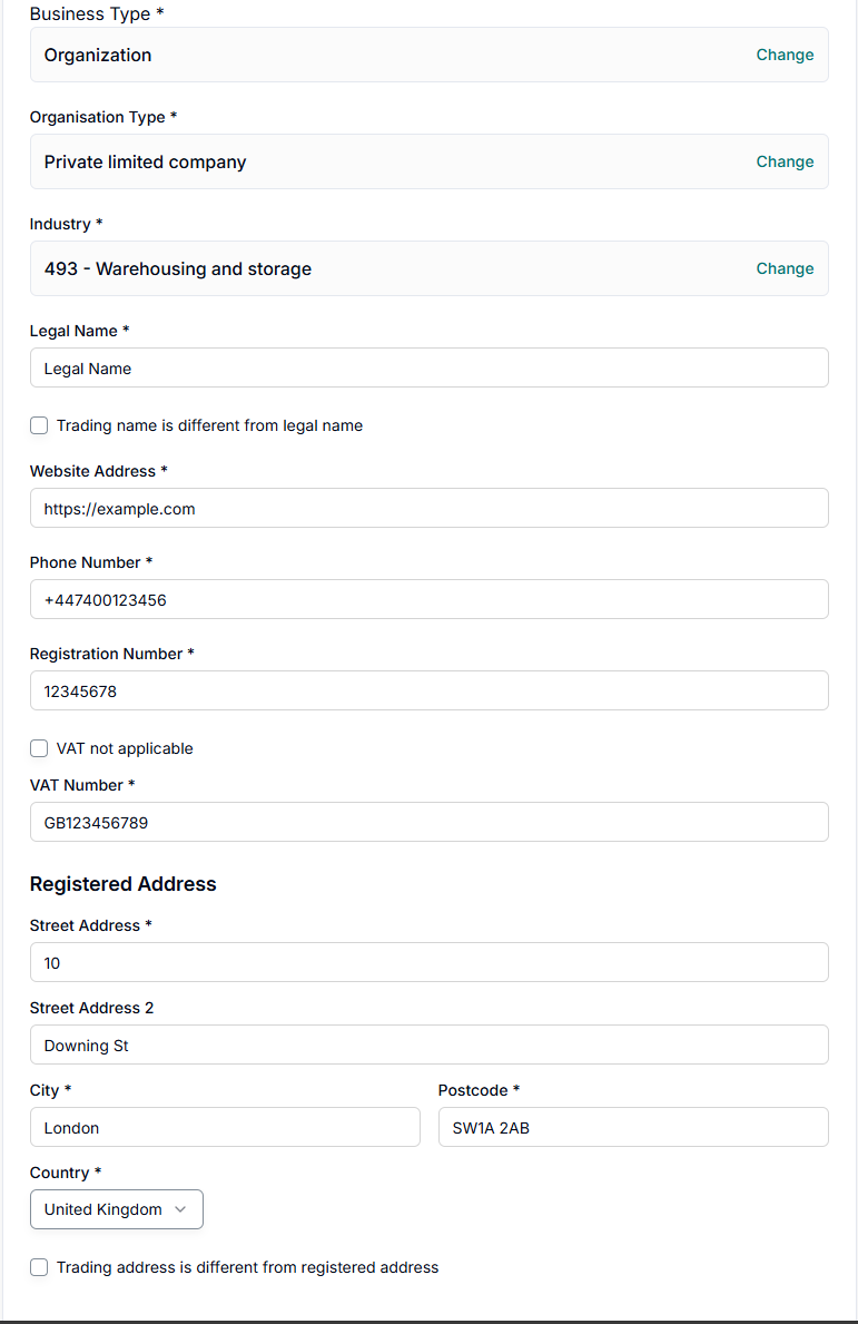 Business Details – Organisation