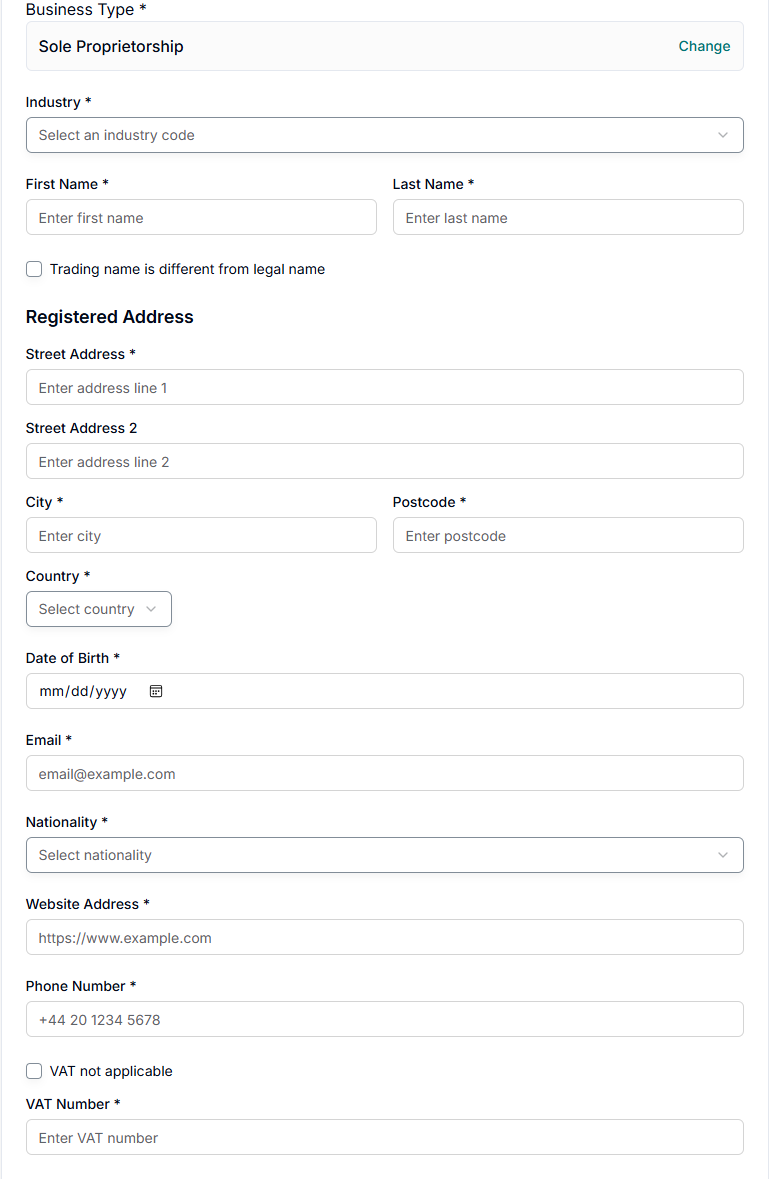 Business Details – Sole Proprietorship